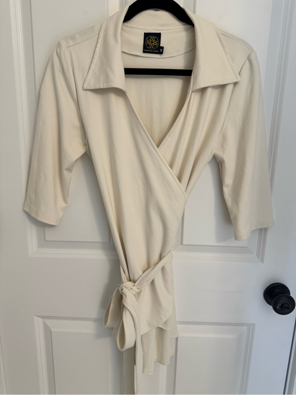 Paloma St. James Ivory Faux Wrap Tie Top Medium 3/4 Sleeve Stretch Career Blouse